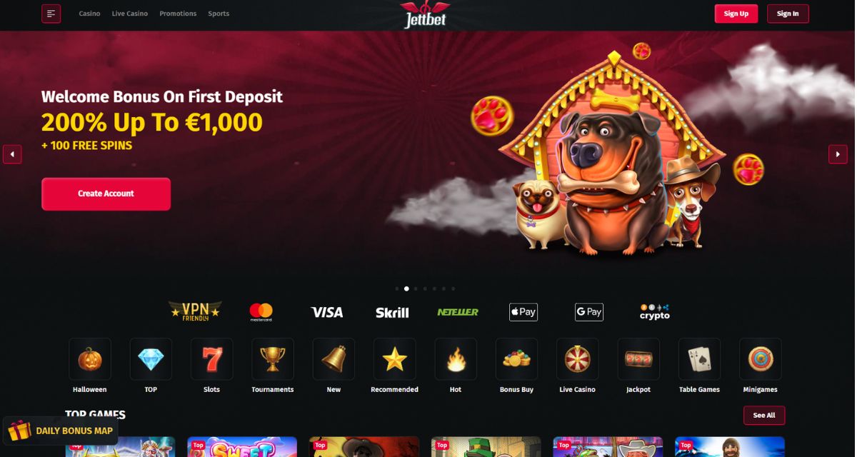 Jettbet casino homepage showing its games and welcome offer