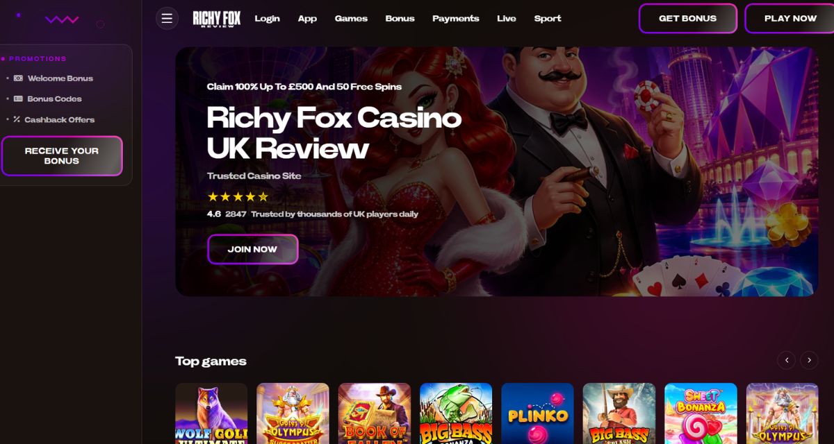 Richy Fox casino homepage showing its games and welcome offer