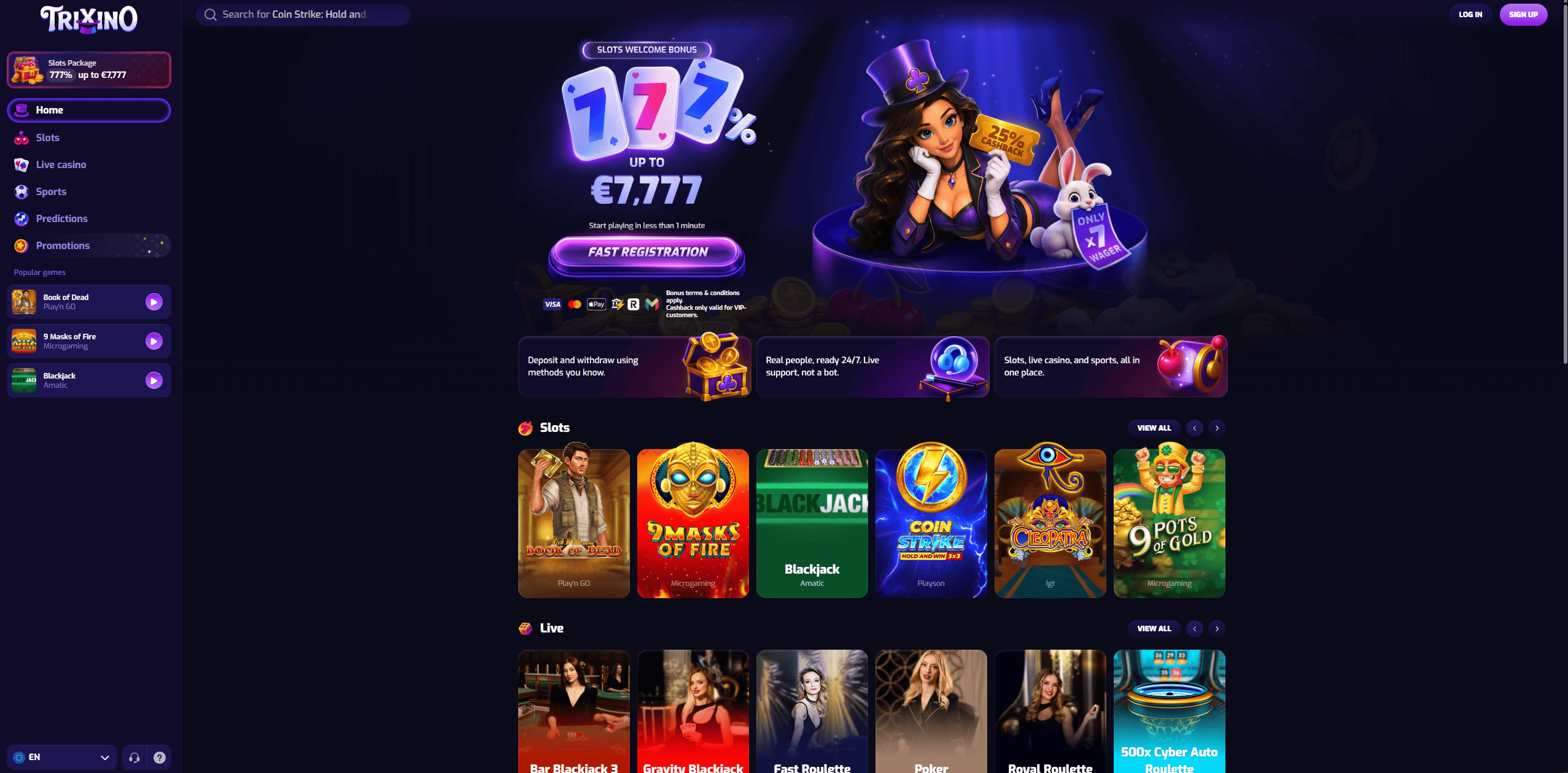 Trixino casino homepage showing its games and welcome offer