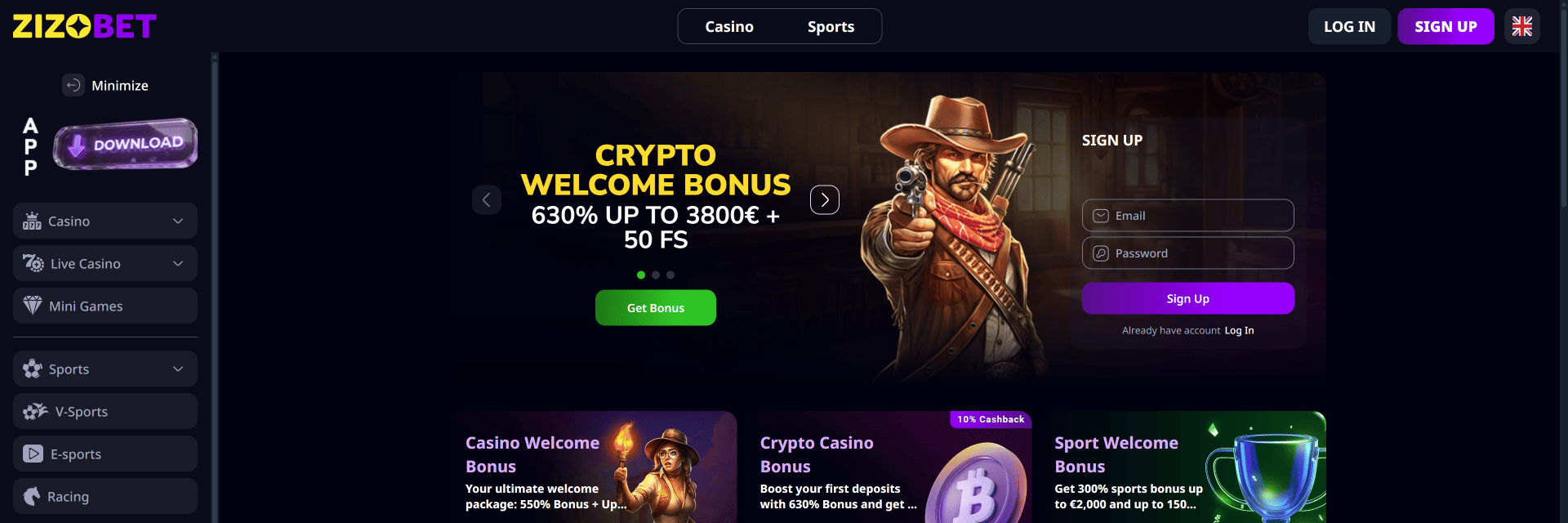 ZizoBet casino homepage showing its games and welcome offer